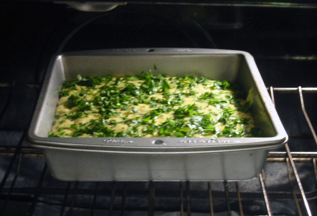 Cilantro cornbread in the oven